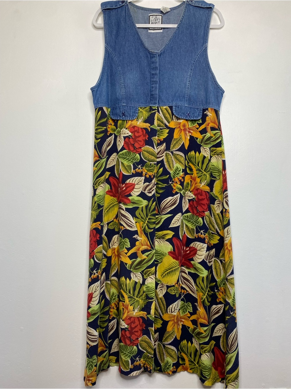 Denim Tropical Floral Midi Dress Size L 90s Vaca Travel